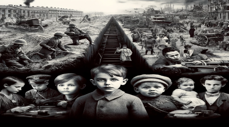 Collage of black-and-white and color photographs depicting children involved in wars throughout the twentieth century. The images show child soldiers, young factory workers, and children in war-torn areas, with expressions of determination, sorrow, and resilience. The background transitions from the trenches of World War I to modern conflict zones, symbolizing the passage of time. The overall tone is somber and thought-provoking, highlighting the harsh realities these children faced.